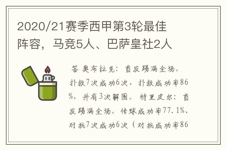 2020/21赛季西甲第3轮最佳阵容，马竞5人、巴萨皇社2人