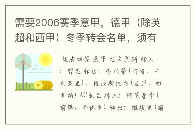 需要2006赛季意甲，德甲（除英超和西甲）冬季转会名单，须有转会方式