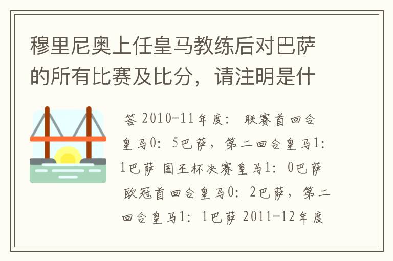 穆里尼奥上任皇马教练后对巴萨的所有比赛及比分，请注明是什么赛事,联赛还是欧冠，国王杯