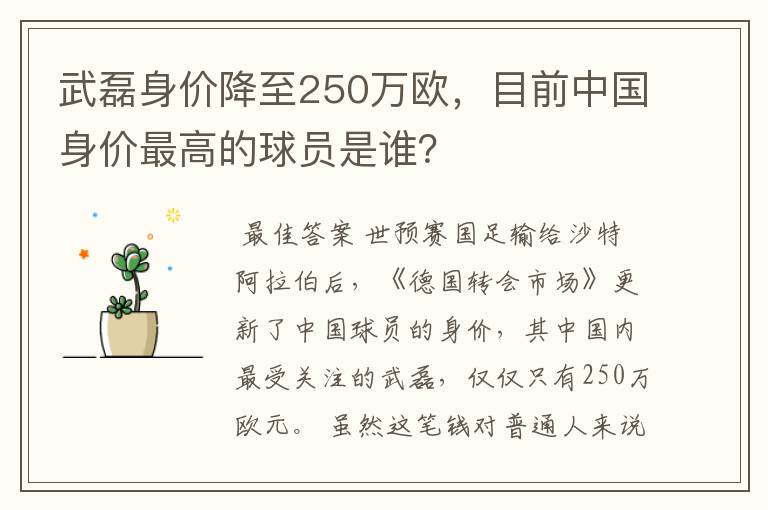 武磊身价降至250万欧，目前中国身价最高的球员是谁？