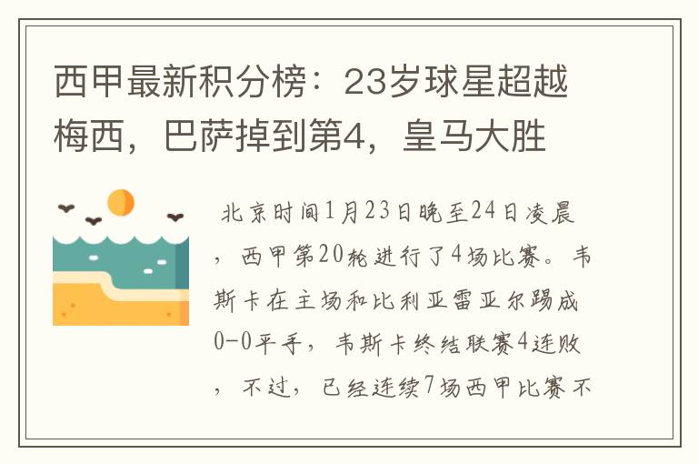 西甲最新积分榜：23岁球星超越梅西，巴萨掉到第4，皇马大胜