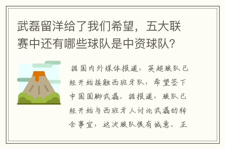 武磊留洋给了我们希望，五大联赛中还有哪些球队是中资球队？