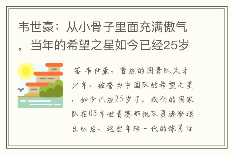 韦世豪：从小骨子里面充满傲气，当年的希望之星如今已经25岁