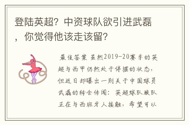 登陆英超？中资球队欲引进武磊，你觉得他该走该留？