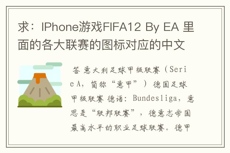 求：IPhone游戏FIFA12 By EA 里面的各大联赛的图标对应的中文名称 例如：Liga BBVA 西甲