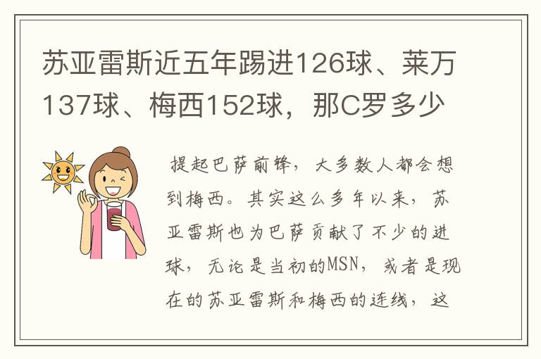 苏亚雷斯近五年踢进126球、莱万137球、梅西152球，那C罗多少