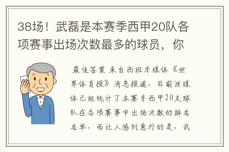 38场！武磊是本赛季西甲20队各项赛事出场次数最多的球员，你怎么看？