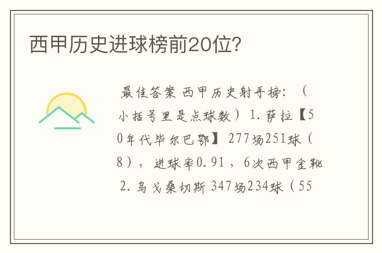 西甲历史进球榜前20位？