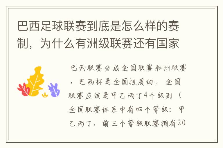 巴西足球联赛到底是怎么样的赛制，为什么有洲级联赛还有国家联赛，虽然还参加南美联赛，赛事这么忙怎么比