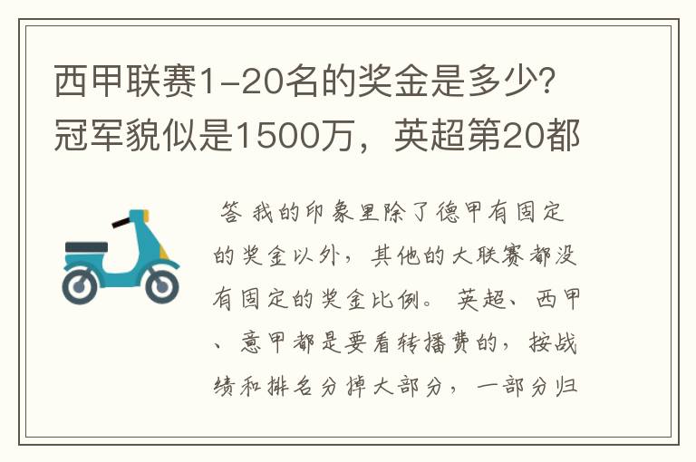 西甲联赛1-20名的奖金是多少？冠军貌似是1500万，英超第20都是4000万呀！