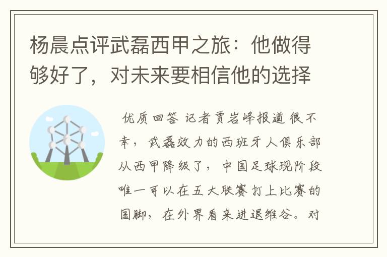 杨晨点评武磊西甲之旅：他做得够好了，对未来要相信他的选择