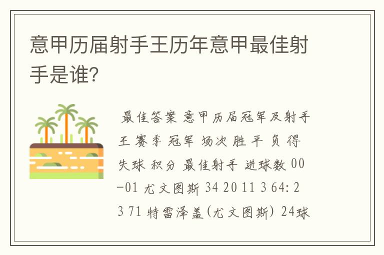 意甲历届射手王历年意甲最佳射手是谁？