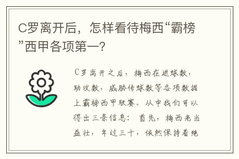 C罗离开后，怎样看待梅西“霸榜”西甲各项第一？