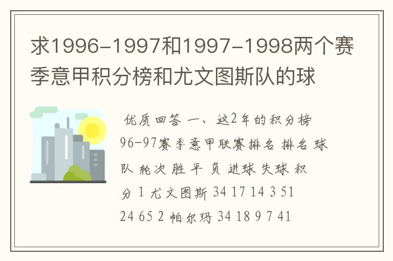 求1996-1997和1997-1998两个赛季意甲积分榜和尤文图斯队的球员名单!