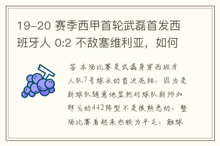 19-20 赛季西甲首轮武磊首发西班牙人 0:2 不敌塞维利亚，如何评价武磊本场的表现？