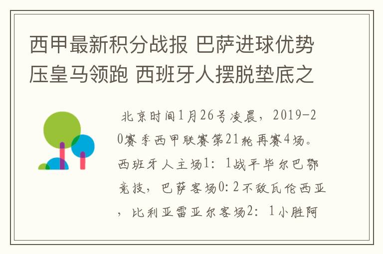 西甲最新积分战报 巴萨进球优势压皇马领跑 西班牙人摆脱垫底之位