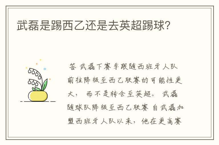 武磊是踢西乙还是去英超踢球？