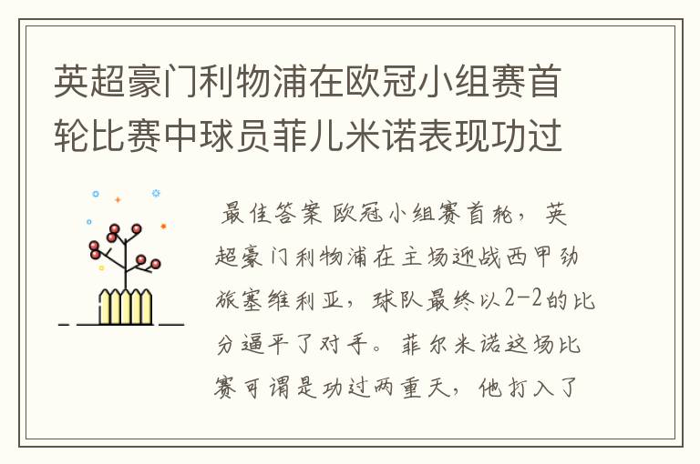 英超豪门利物浦在欧冠小组赛首轮比赛中球员菲儿米诺表现功过两重天吗？