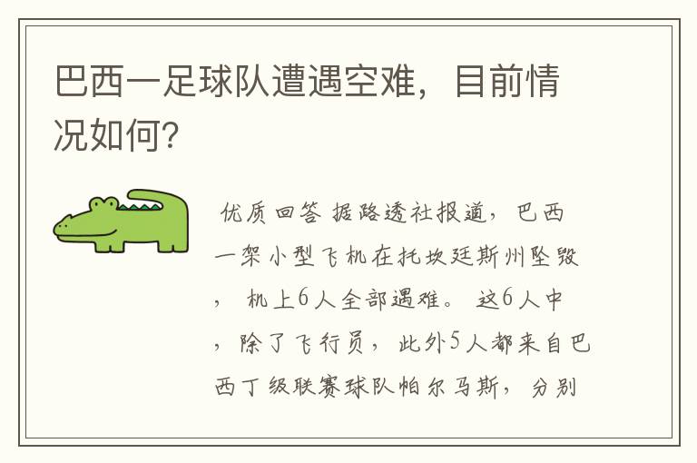 巴西一足球队遭遇空难，目前情况如何？