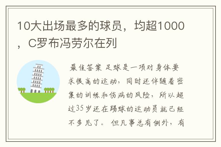 10大出场最多的球员，均超1000，C罗布冯劳尔在列