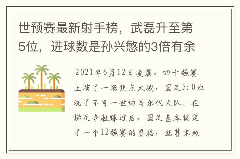 世预赛最新射手榜，武磊升至第5位，进球数是孙兴慜的3倍有余