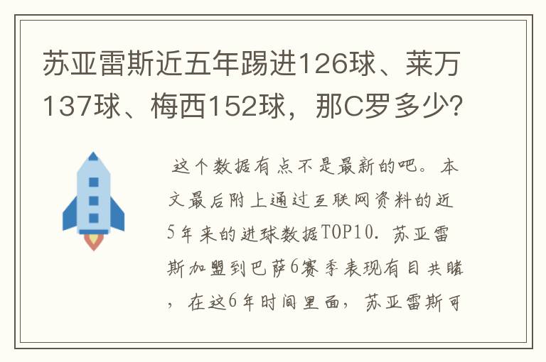 苏亚雷斯近五年踢进126球、莱万137球、梅西152球，那C罗多少？