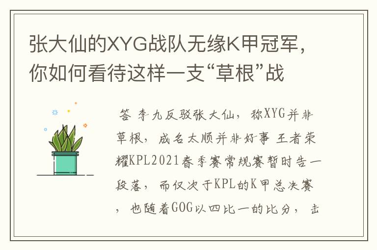 张大仙的XYG战队无缘K甲冠军，你如何看待这样一支“草根”战队？