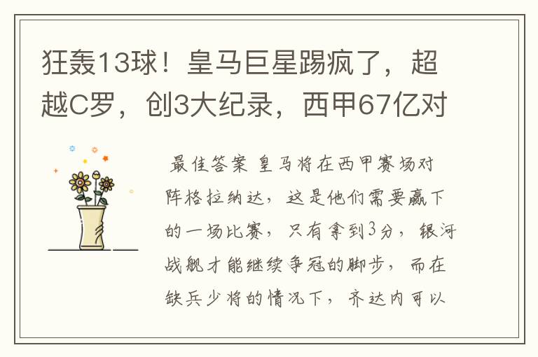 狂轰13球！皇马巨星踢疯了，超越C罗，创3大纪录，西甲67亿对决