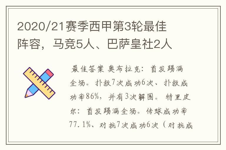 2020/21赛季西甲第3轮最佳阵容，马竞5人、巴萨皇社2人