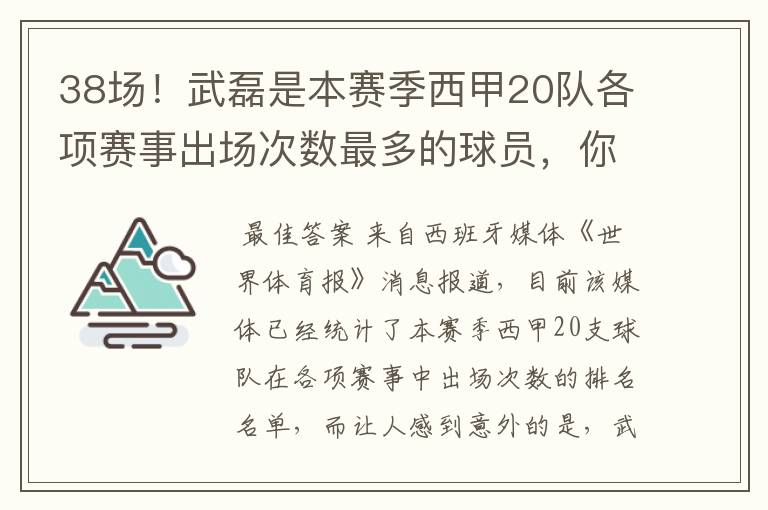 38场！武磊是本赛季西甲20队各项赛事出场次数最多的球员，你怎么看？