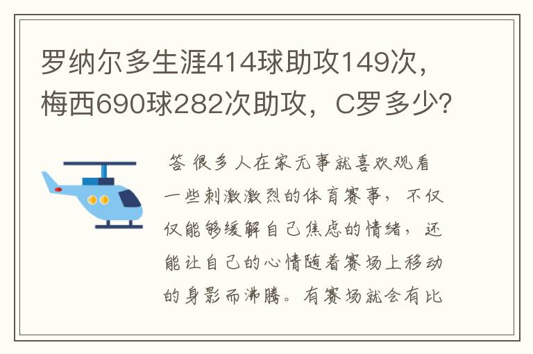 罗纳尔多生涯414球助攻149次，梅西690球282次助攻，C罗多少？