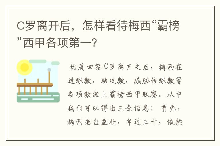 C罗离开后，怎样看待梅西“霸榜”西甲各项第一？