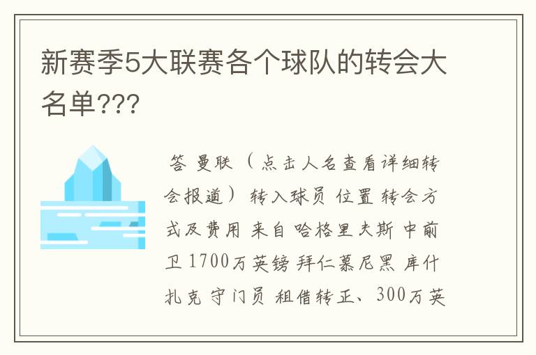 新赛季5大联赛各个球队的转会大名单???