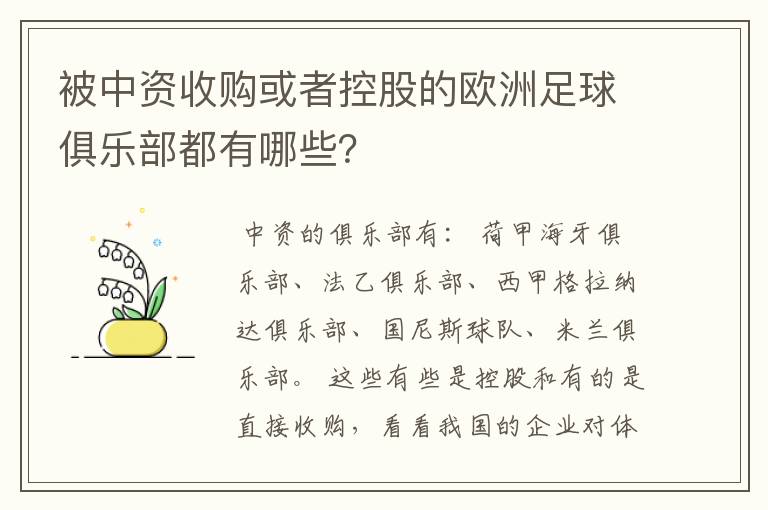 被中资收购或者控股的欧洲足球俱乐部都有哪些？