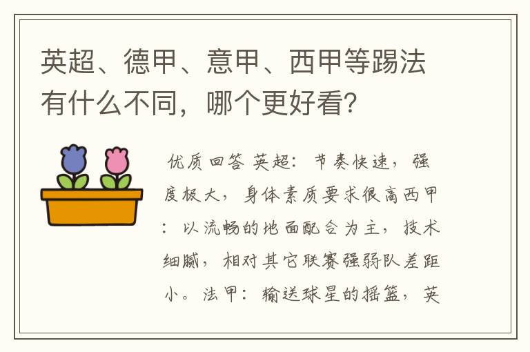 英超、德甲、意甲、西甲等踢法有什么不同，哪个更好看？