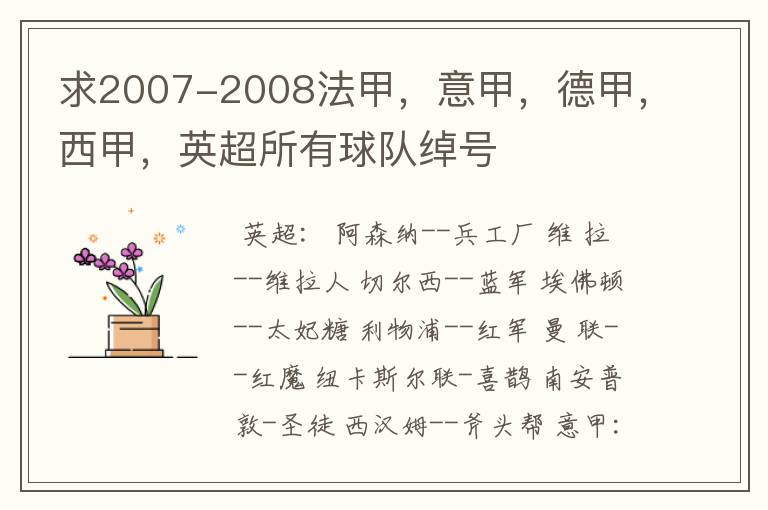 求2007-2008法甲，意甲，德甲，西甲，英超所有球队绰号