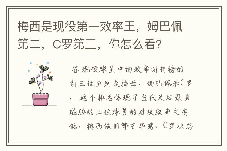 梅西是现役第一效率王，姆巴佩第二，C罗第三，你怎么看？