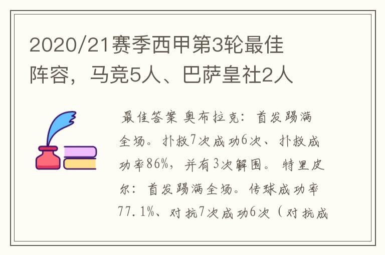 2020/21赛季西甲第3轮最佳阵容，马竞5人、巴萨皇社2人