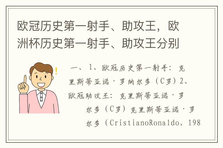 欧冠历史第一射手、助攻王，欧洲杯历史第一射手、助攻王分别是谁？