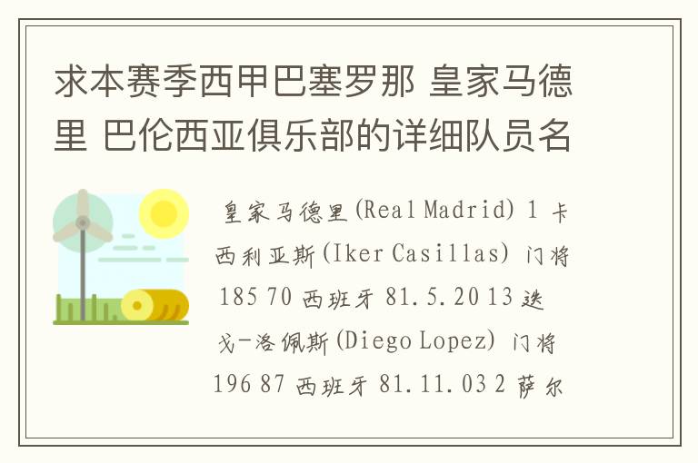 求本赛季西甲巴塞罗那 皇家马德里 巴伦西亚俱乐部的详细队员名单?