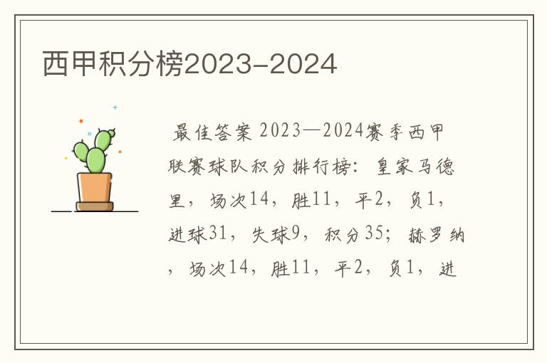 西甲积分榜2023-2024