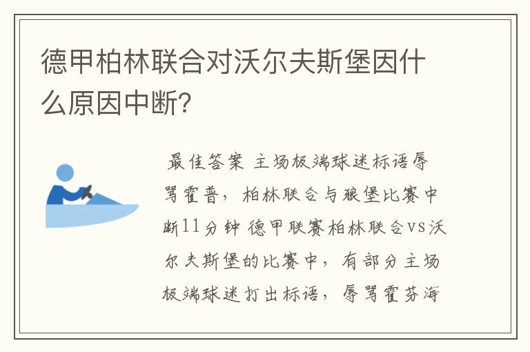 德甲柏林联合对沃尔夫斯堡因什么原因中断？