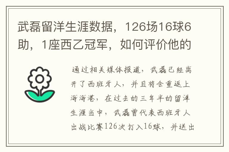 武磊留洋生涯数据，126场16球6助，1座西乙冠军，如何评价他的表现？