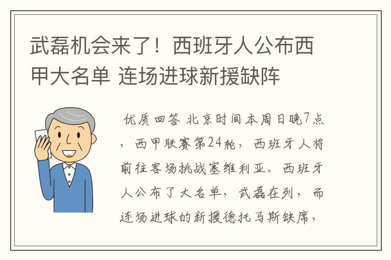 武磊机会来了！西班牙人公布西甲大名单 连场进球新援缺阵