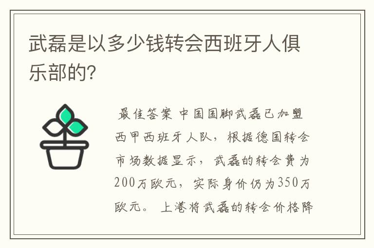 武磊是以多少钱转会西班牙人俱乐部的？