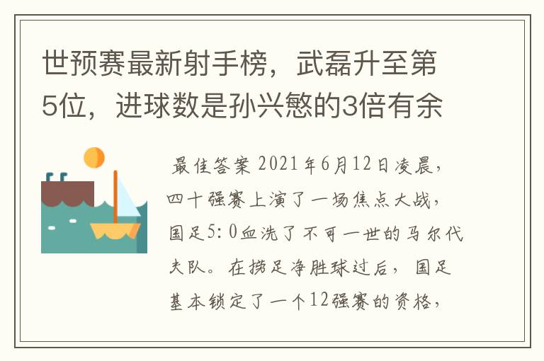 世预赛最新射手榜，武磊升至第5位，进球数是孙兴慜的3倍有余