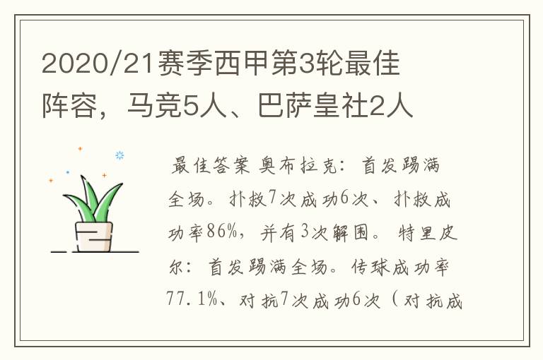 2020/21赛季西甲第3轮最佳阵容，马竞5人、巴萨皇社2人