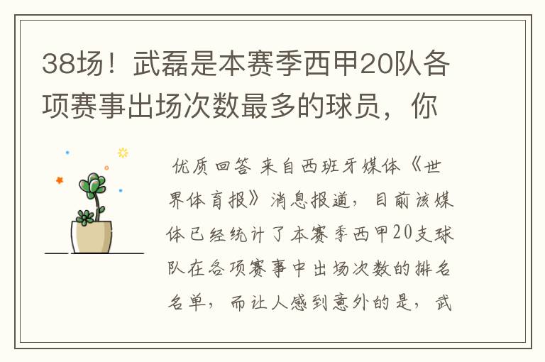 38场！武磊是本赛季西甲20队各项赛事出场次数最多的球员，你怎么看？