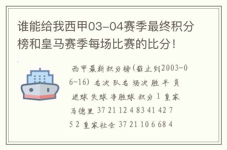 谁能给我西甲03-04赛季最终积分榜和皇马赛季每场比赛的比分！