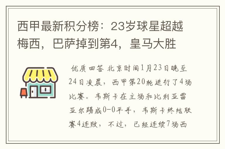 西甲最新积分榜：23岁球星超越梅西，巴萨掉到第4，皇马大胜